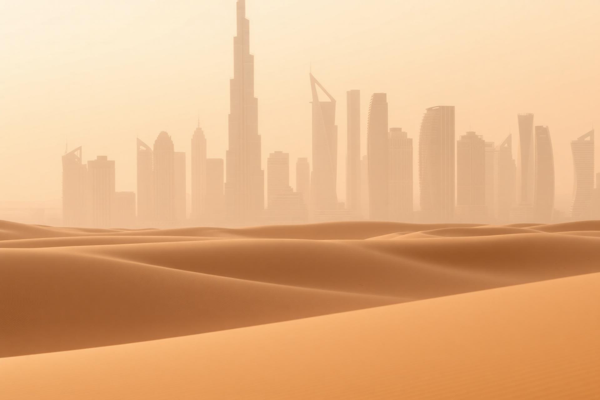 Skyline de Dubaï émergeant des dunes au coucher du soleil